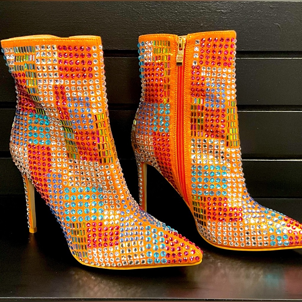 Women's Orange Studded Ankle Boots.